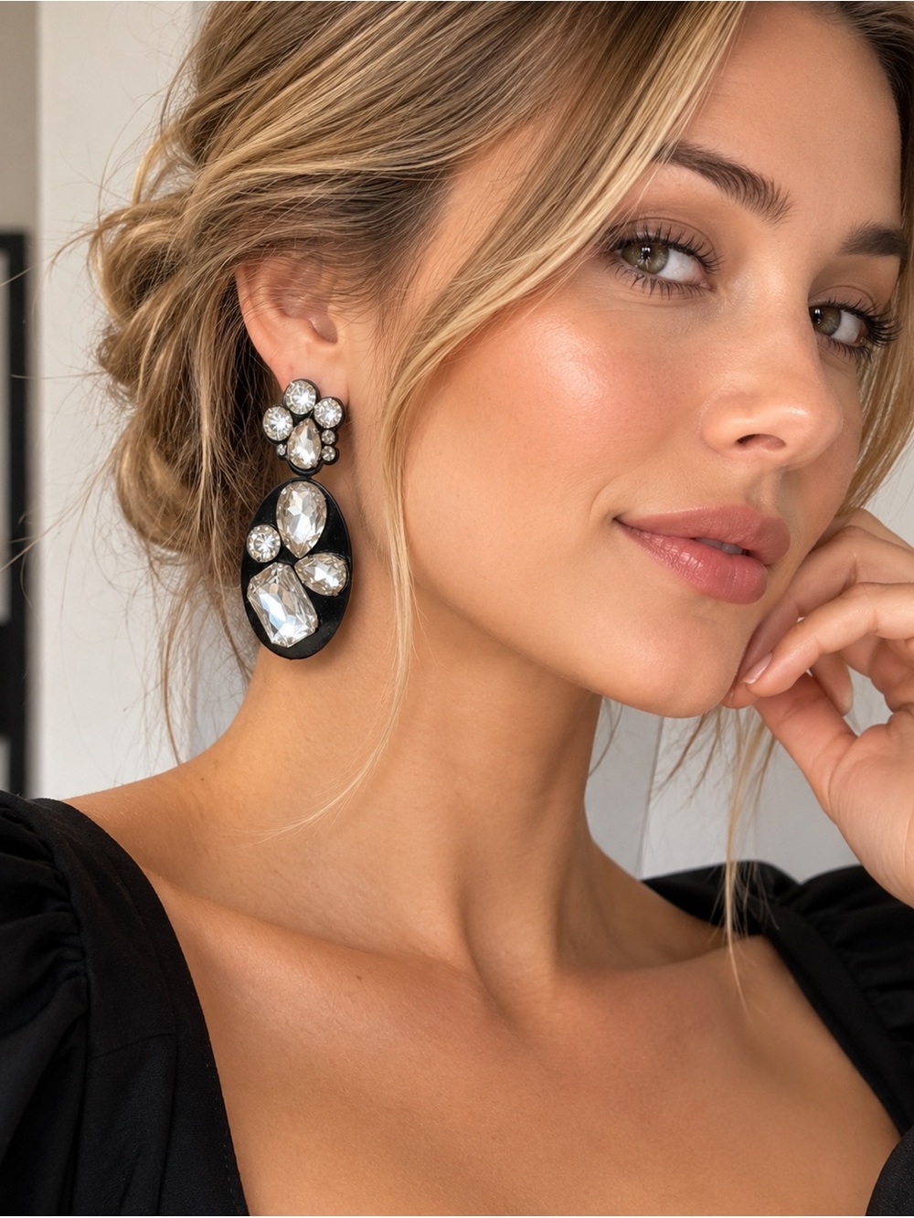 Black & Crystal Oversized Statement Drop Earrings